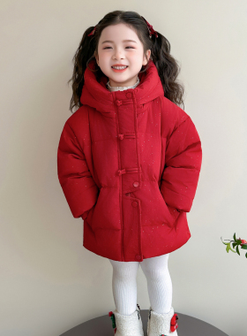 法国Uamtor女童红色羽绒服雪花拜年服白鸭绒冬季新年加厚宝宝外套