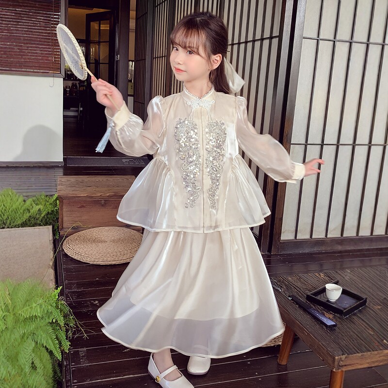 法国Uamtor女小童汉服公主裙春装2026新款中式超仙套裙亮片连衣裙