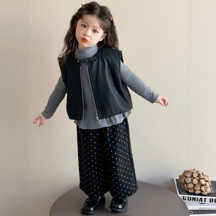 法国Uamtor女童春秋套装2025新款网红炸街皮马甲洋气女宝宝三件套