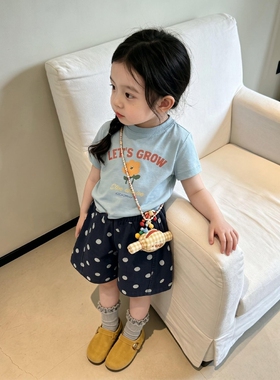 法国Uamtor女童套装宝宝夏装2026新款超好看蓝色短袖t恤波点短裤