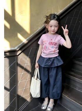 法国Uamtor女童2026新款夏套装流行爆款超好看粉色短袖蓝色屁帘裤