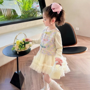 法国Uamtor女童连衣裙春季2026新款洋气中国风马甲儿童装公主裙子