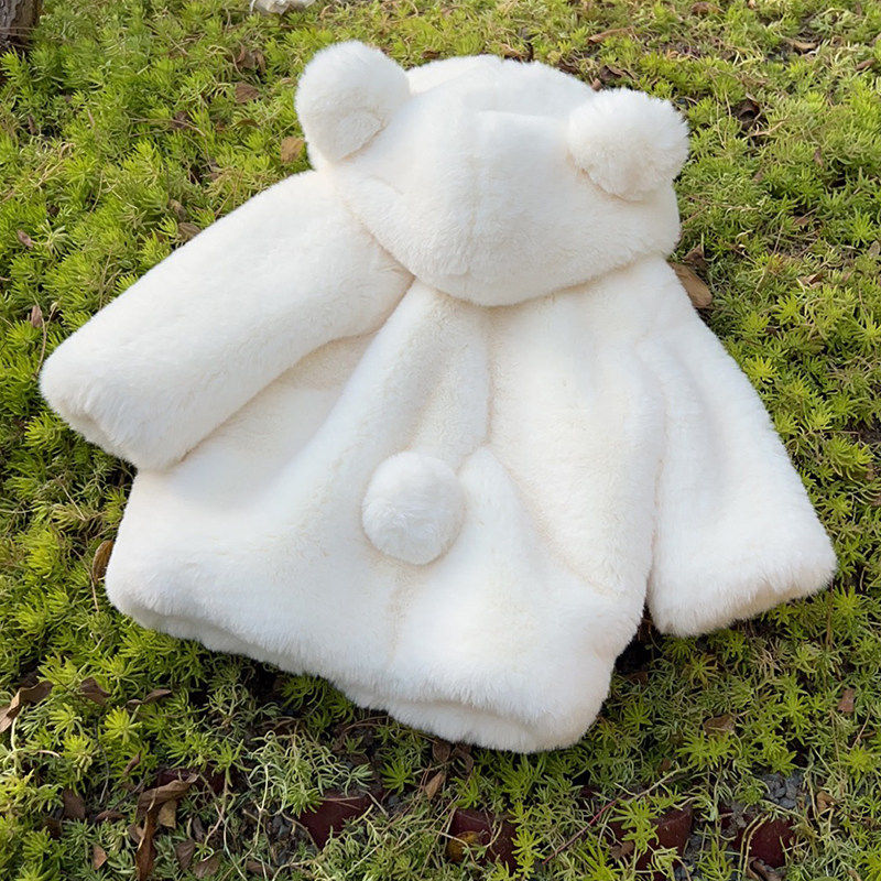 法国Uamtor儿童皮草仿兔绒加厚棉衣女男童宝宝连帽外套中长款冬季