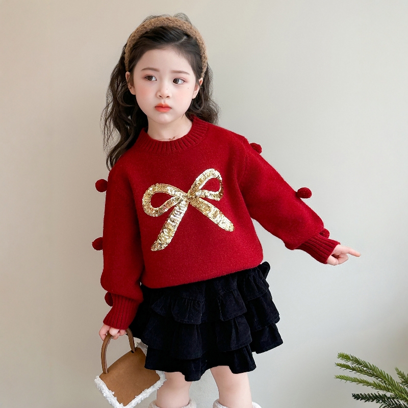 Uamtor女童蝴蝶结红色毛衣针织衫