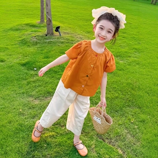 洋气时髦女宝宝休闲两件套 2026款 法国Uamtor女童纯色棉布套装 夏季