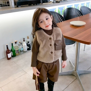 法国Uamtor女童套装秋冬2025新款冬季洋气时髦皮草马甲冬装三件套