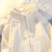 女童奶杏色星星印花连帽拉链卫衣新款 中大童春秋冬学院风简约帽衫