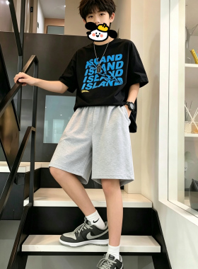 男童灰色运动纯棉短裤夏季2026新款薄款高腰外穿潮牌五分中裤子