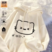 上衣 中大童猫咪印花宽松加绒学生帽衫 女童连帽卫衣秋冬季 2025新款
