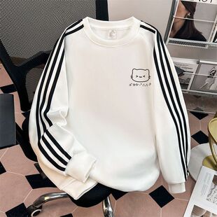 女童美式 趣味猫咪印花宽松百搭上衣服 高街三条杠圆领卫衣秋冬新款