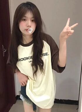 女童新款插肩袖T恤港味复古风oversize夏季插色袖潮牌ins撞色上衣