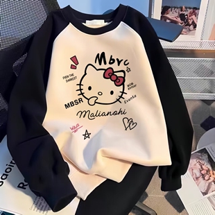 女童撞色kt猫印花圆领卫衣2025春秋冬新款中大童百搭打底衫上衣