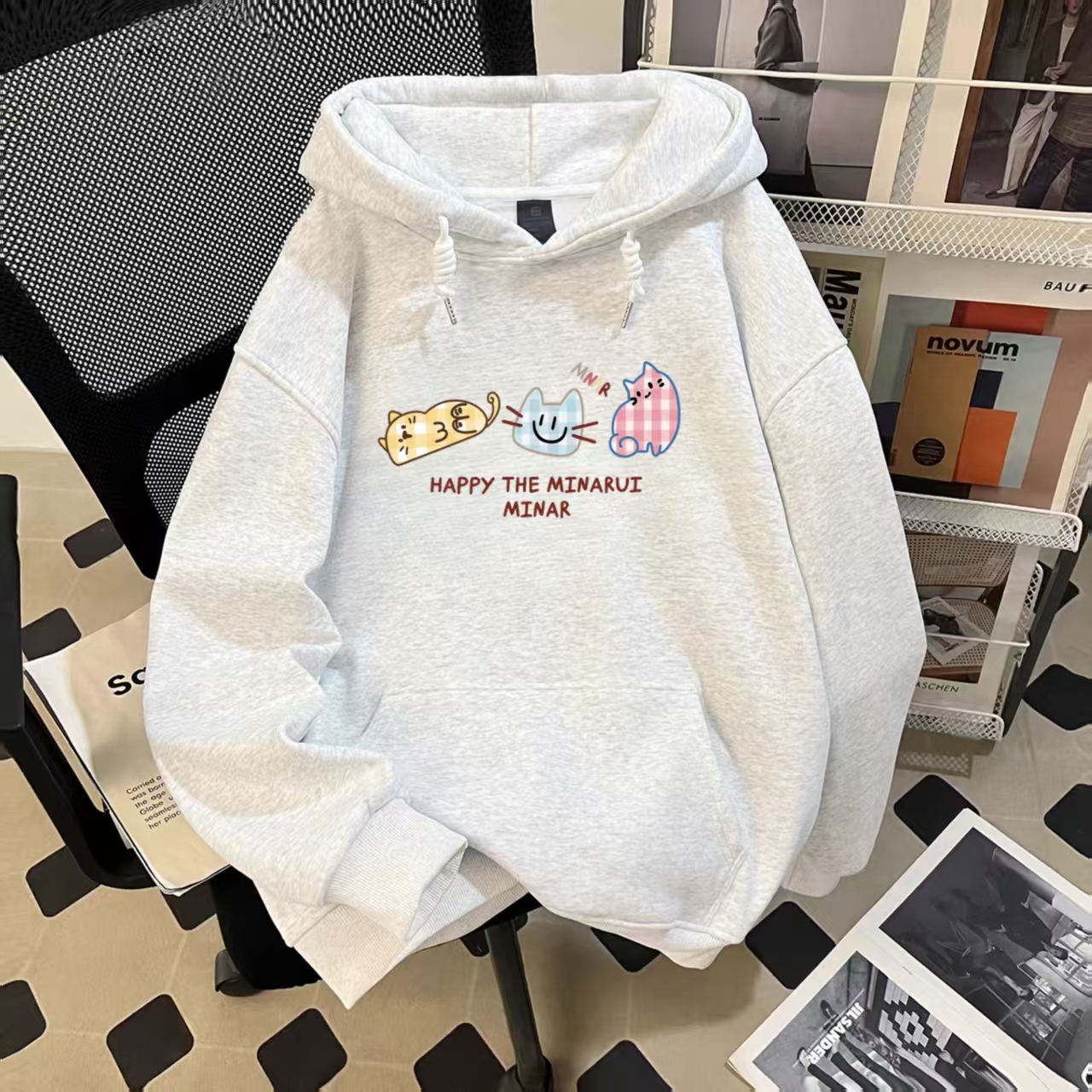 女童美式猫咪印花连帽卫衣帽衫潮