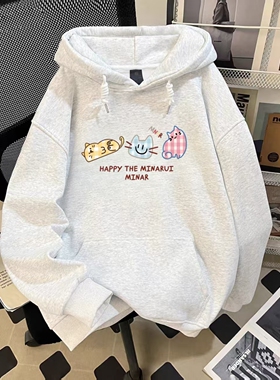 女童美式别致猫咪印花套头连帽卫衣中大童秋冬oversize上衣帽衫潮