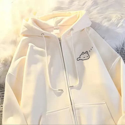 女童简约连帽开衫外套中大童秋冬初中生可爱小猫拉链外套帽衫上衣