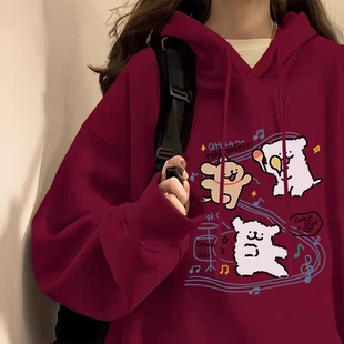 2026酒红色中大童线条小狗连帽口袋卫衣男女童冬季本命年儿童上衣
