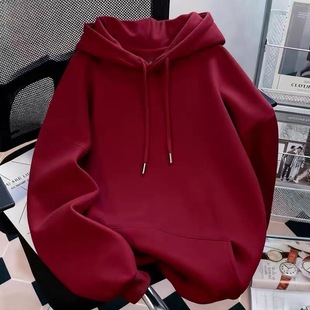 中大童秋冬酒红色新年新款纯色连帽卫衣男女童加绒百搭本命年帽衫