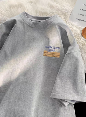 男童美式休闲短袖纯棉简约T恤中大童花灰色学生百搭宽松体恤上衣