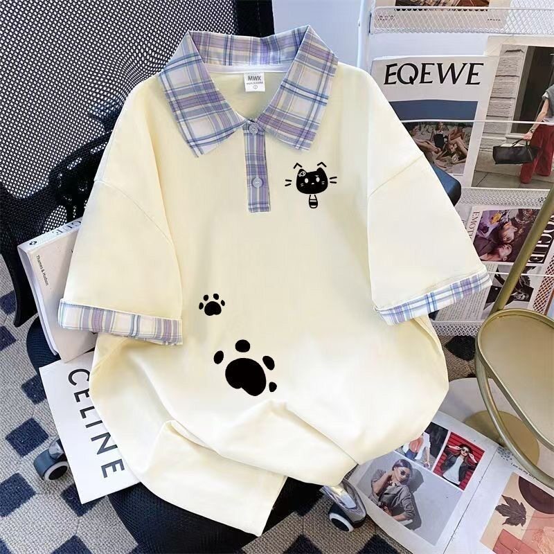 女童格子假两件撞色polo衫短袖t恤中大童夏季衬衫拼接慵懒风上衣