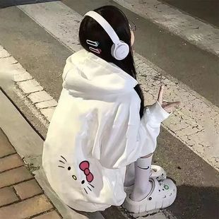 女童连帽加绒外套宽松哈喽卡通猫一体绒百搭HelloKitty上衣慵懒风