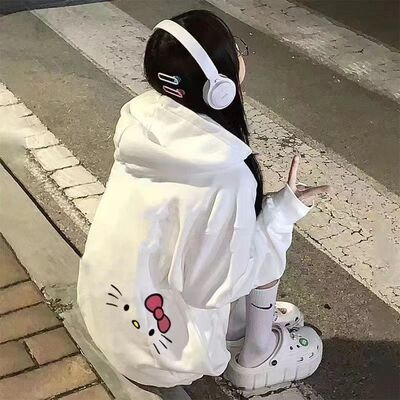 女童连帽加绒外套宽松哈喽卡通猫一体绒百搭HelloKitty上衣慵懒风