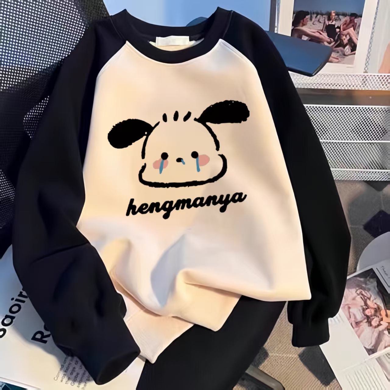 女童撞色帕恰狗印花圆领卫衣