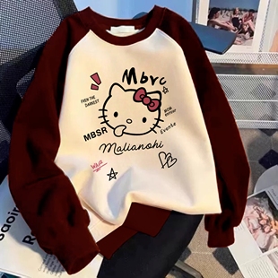 女童酒红色撞色kt猫印花圆领卫衣2025春秋冬新款中大童百搭上衣潮