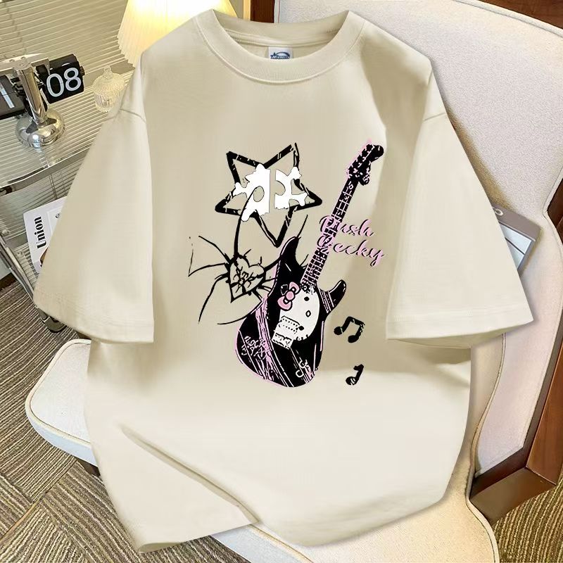 女童美式吉他设计感纯棉短袖T恤中大童夏季Kitty猫百搭宽松上衣潮