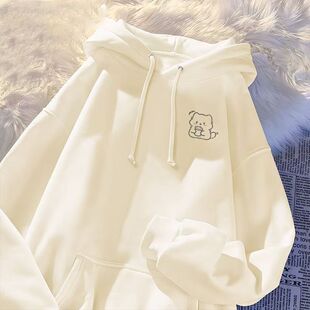 女童简约风连帽卫衣中大童秋冬季初中生喝水小熊印花加绒潮牌帽衫