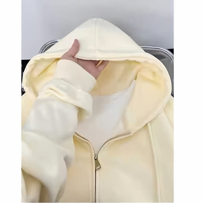 女童春秋款奶杏色开衫连帽卫衣
