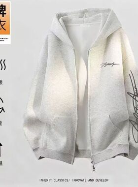 男女童美式复古字母印花拉链外套中大童休闲学院风加绒开衫卫衣潮