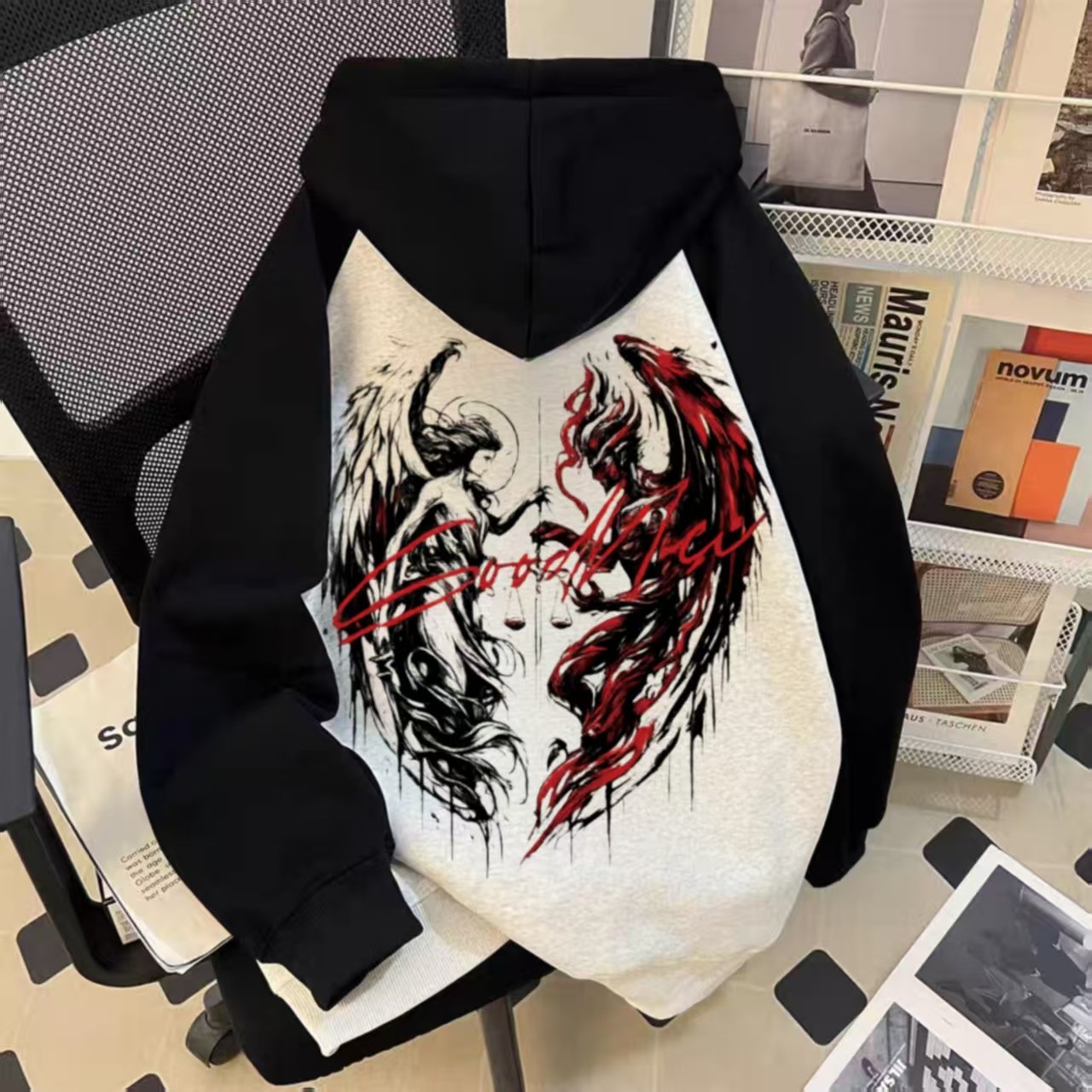 中大童嘻哈天使翅膀印花撞色连帽卫衣男女童新款国潮宽松插肩外套,童装/婴儿装/亲子装,卫衣/绒衫,淘宝优惠券,粉丝福利购,淘宝优惠卷