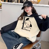 女童日系可爱帕恰狗印花撞色连帽卫衣中大童秋冬拼接宽松插肩帽衫