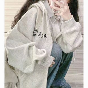 女童小清新百搭拉链连帽卫衣女孩宽松创意小猫显白开衫外套上衣