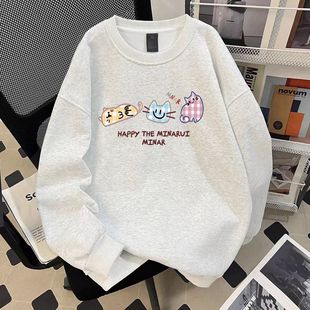 女童纯棉圆领白灰色卫衣春秋季中大童宽松慵懒猫咪无帽纯棉上衣潮