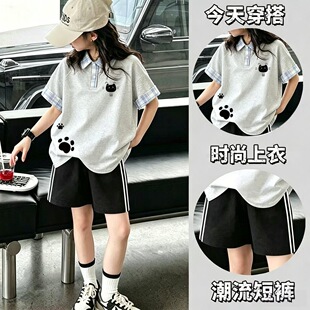 女中大童夏季格子polo纯棉t恤女孩百搭polo短袖+黑色短裤可爱套装