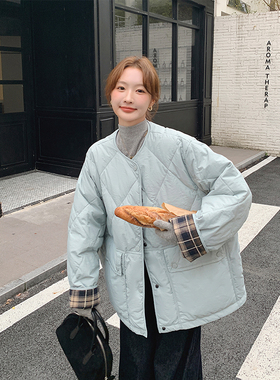 蓝色休闲菱格羽绒棉服女冬季2025年新款格子拼接宽松棉衣保暖外套
