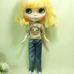 娃衣AZONE兵人 小布 OB27 扎染牛仔裤 深卡其色猫头鹰上衣T恤短袖