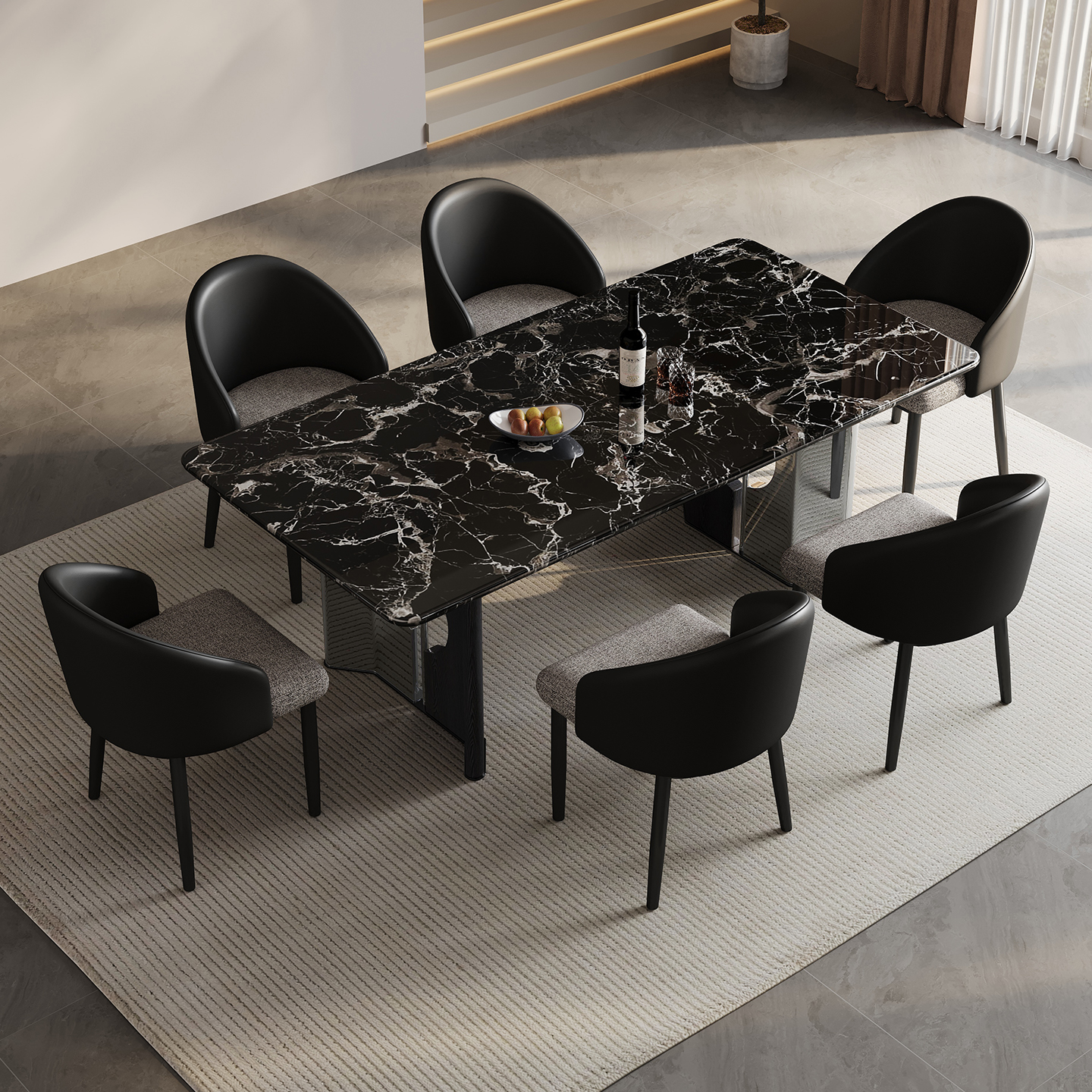 意式轻奢简约天然大理石餐桌黑玫瑰奢石餐桌家用长方形吃饭桌子
