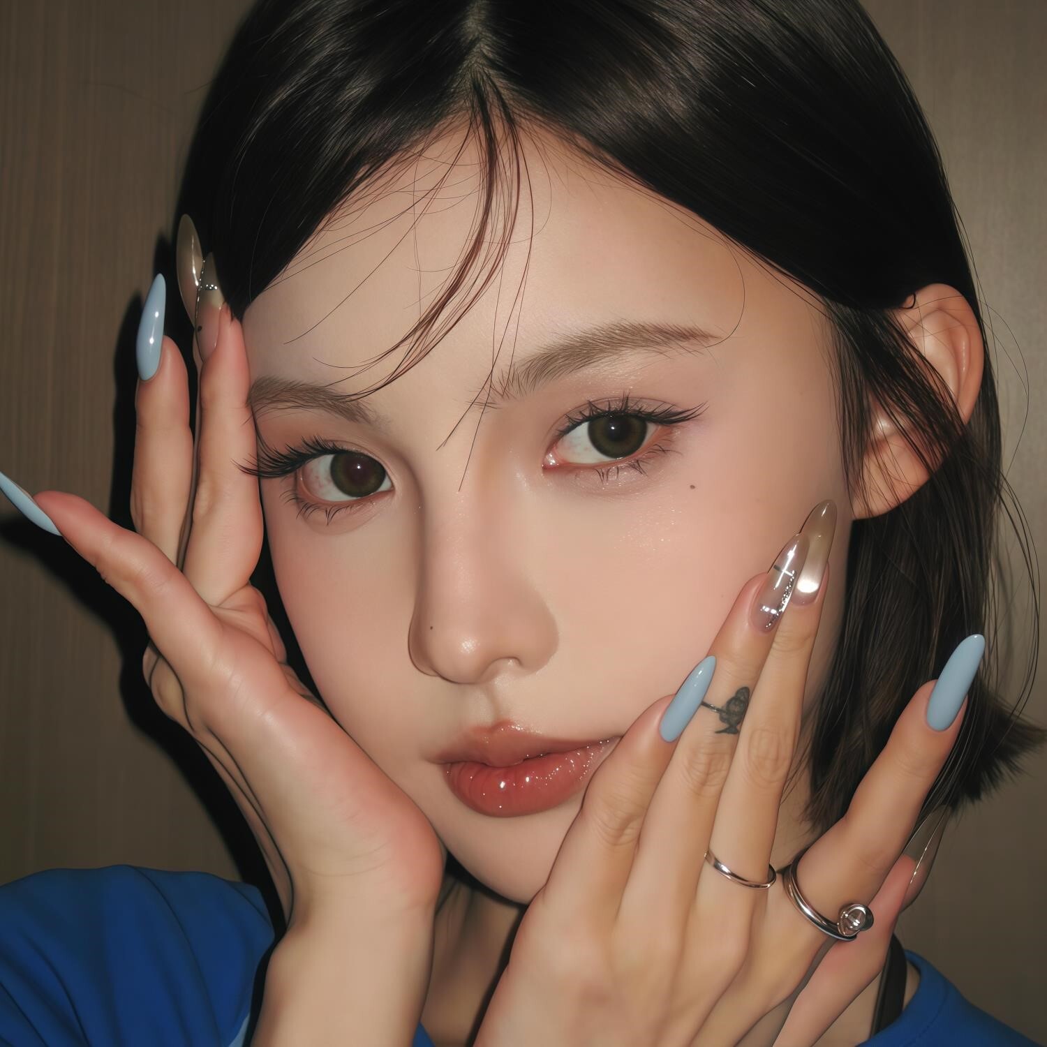 手工穿戴甲夏季辣妹清凉蓝色美甲金属风爆闪猫眼钻指甲显白高级感