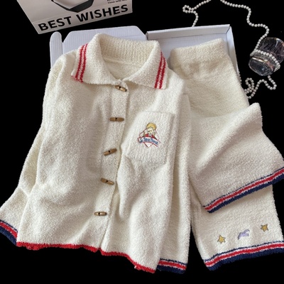 秋冬半边绒牛角扣女睡衣套装外穿