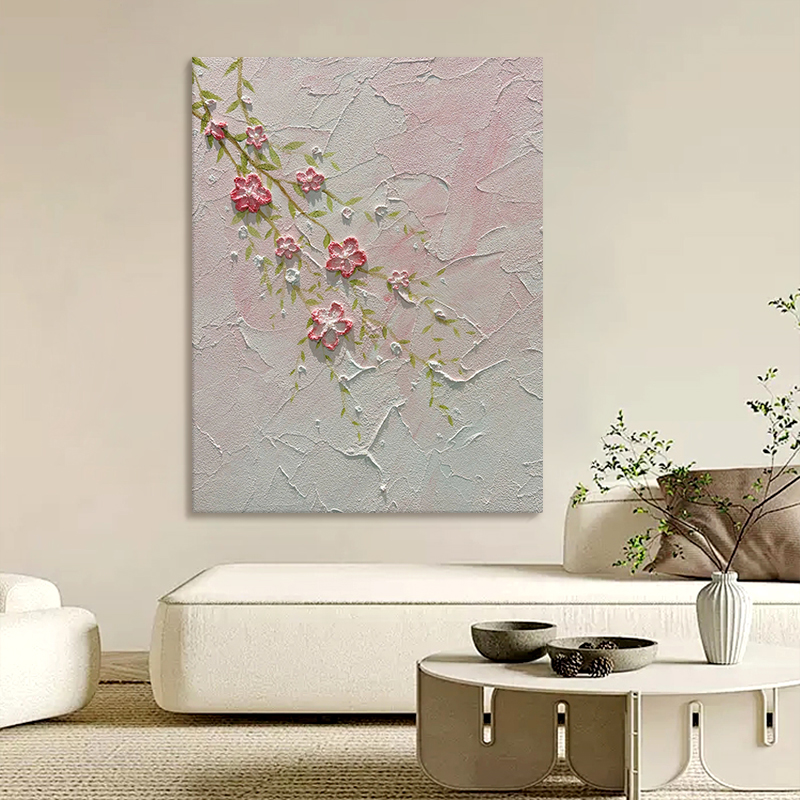 奶油风粉色植物花卉客厅装饰画厚肌理纯手绘油画丙烯手工玄关挂画图片