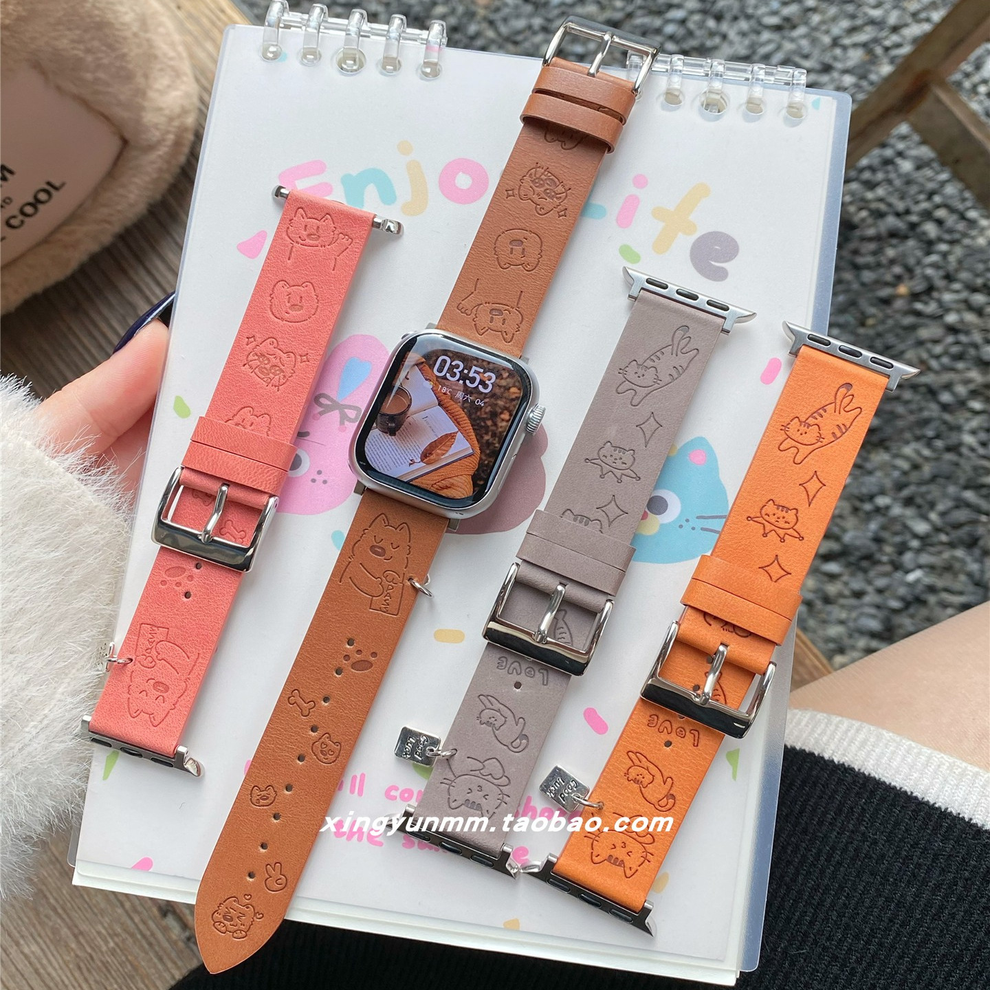 韩系皮质猫咪适用iwatch11表带苹果S10手表小米8/9华为Fit3女4pro