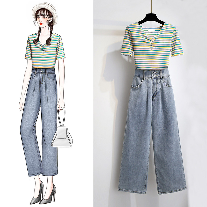 牛油果绿套装女夏季2020新款坠感阔腿裤小清新两件套洋气减龄裤装