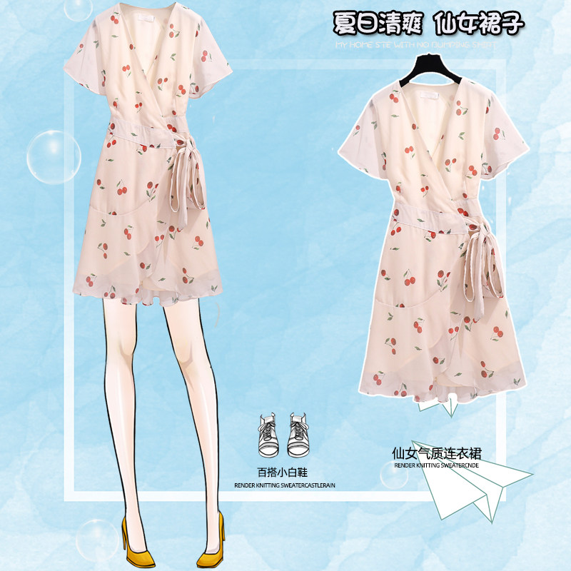 V领雪纺碎花裙2020夏装新款气质收腰显瘦小清新樱桃法式连衣裙女