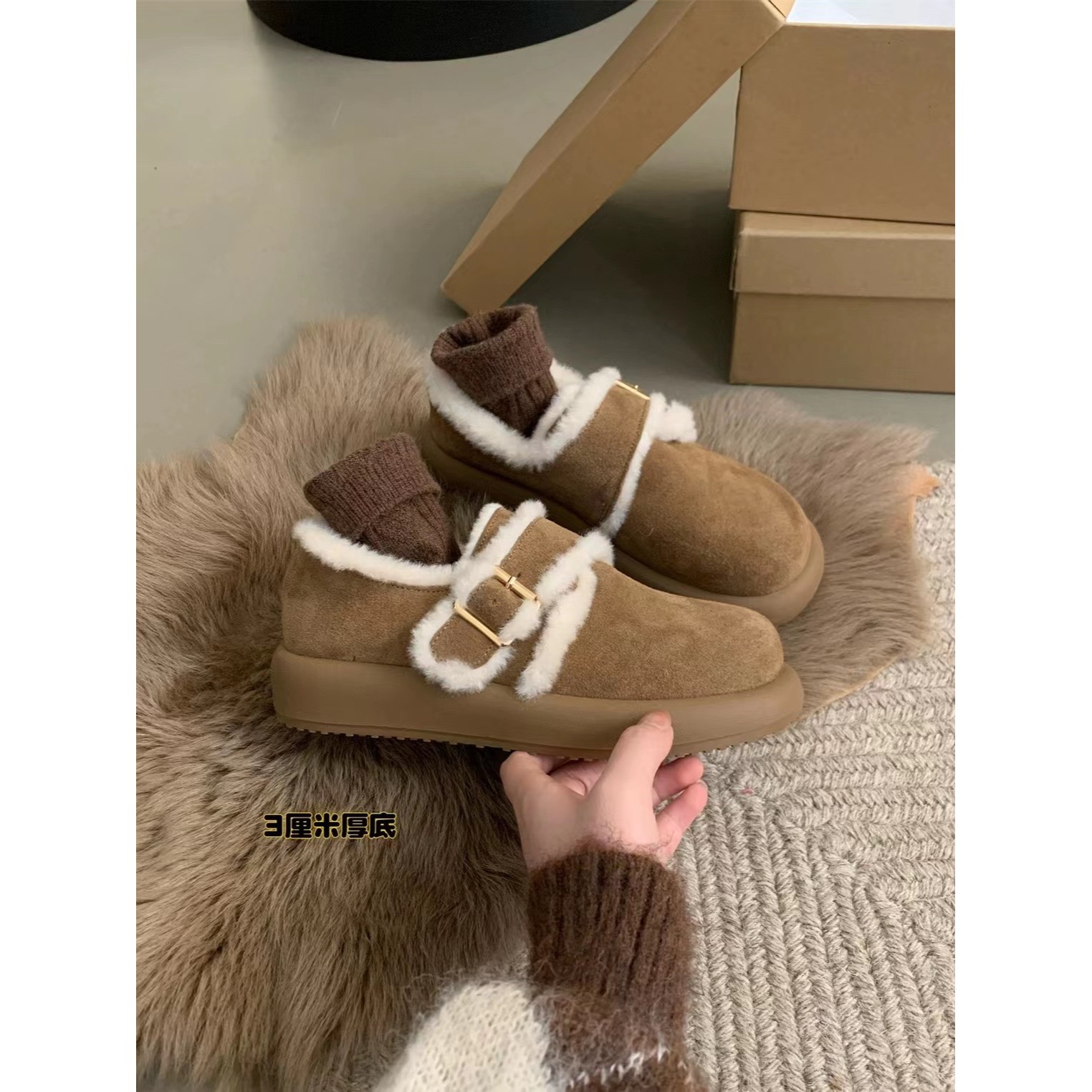 复古真皮加绒洋气软皮厚底勃肯鞋女毛毛鞋一脚蹬冬外穿乐福鞋子