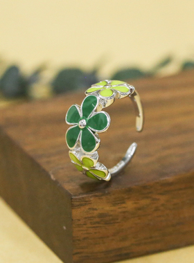 女珐琅韩版绿色花朵高级感开口戒