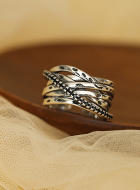 s925银复古做旧戒指女高级感冷淡风黑色镶钻个性宽版开口食指指环