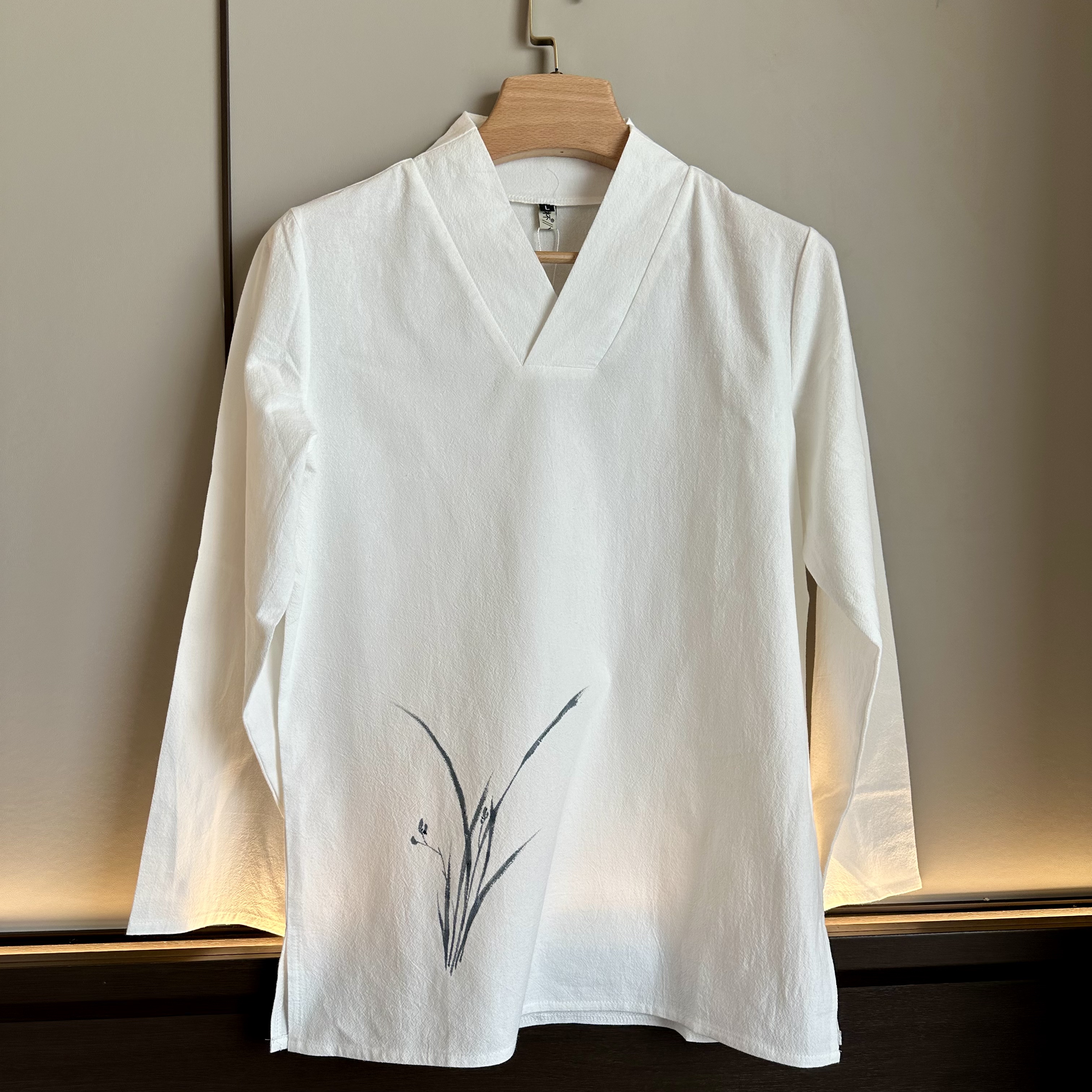 中国风 手绘水墨 兰 汉服禅修服 棉麻长袖V领宽松衬衫03 古装服装