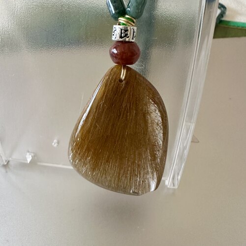 缘绘 天然金发晶 满发丝厚料蓝水翡翠珠项链 925银六字箴言南红珠